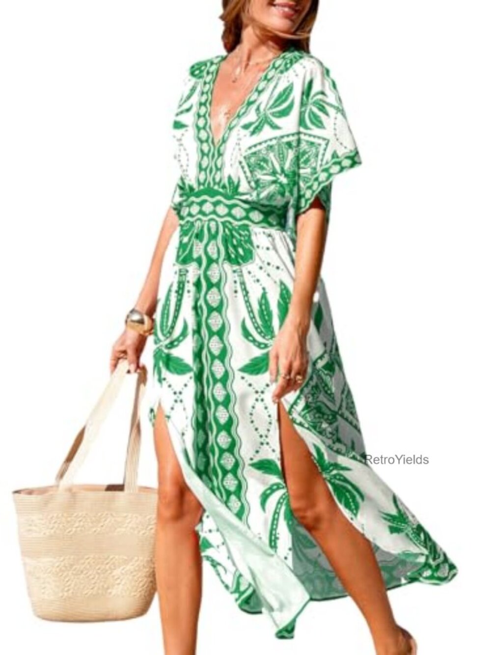 CUPSHE Tropical Floral Deep V-Neck maxi dress with Slit Hem and smocked waist